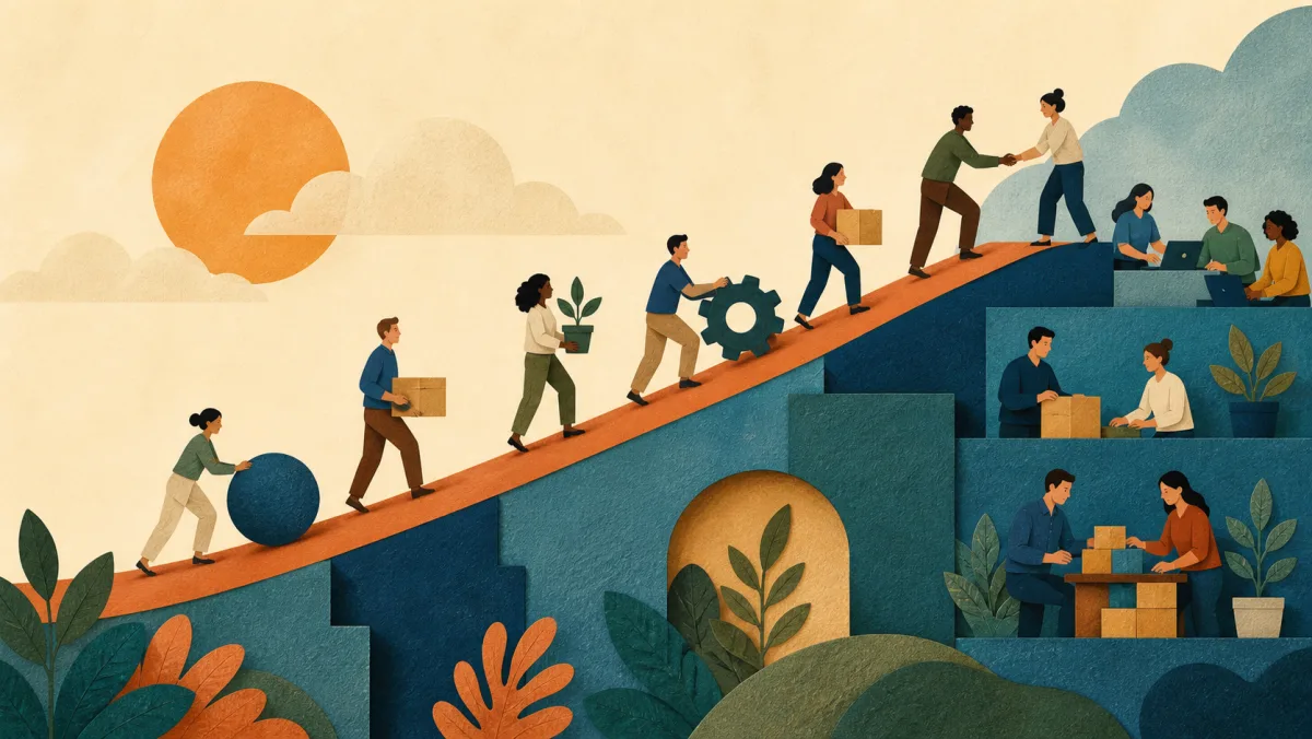 A team steadily increasing resources and production capacity along a rising ramp