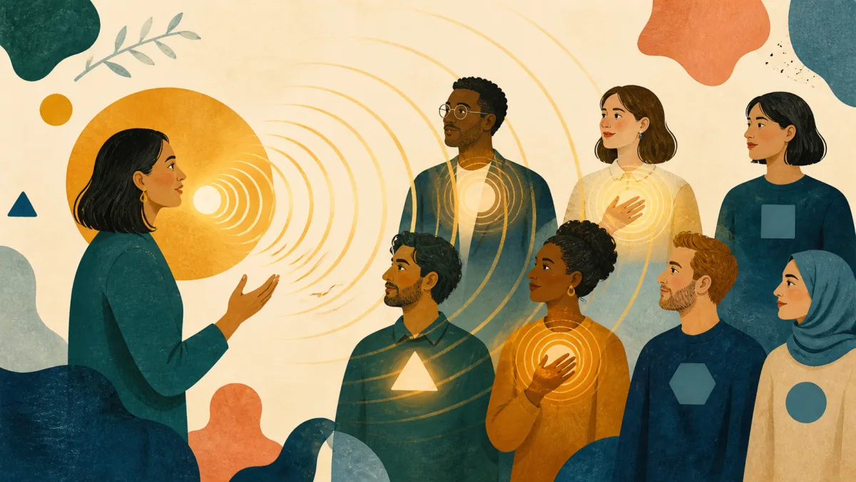 A speaker's clear idea sending harmonious waves that light matching shapes within an audience