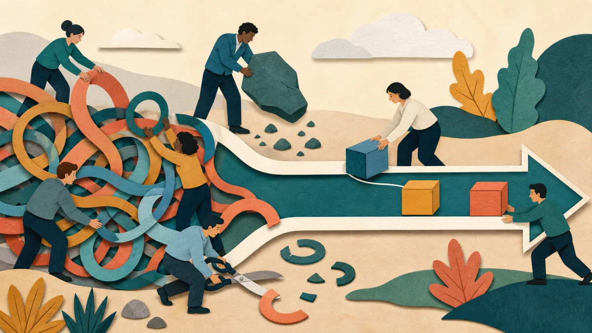 A team removing tangled loops and obstacles until work flows through one efficient channel