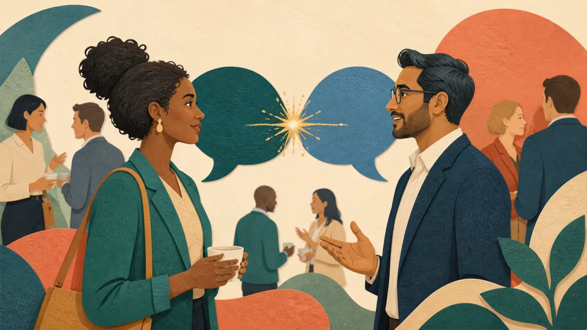 Two professionals initiating a warm conversation with a small spark of connection