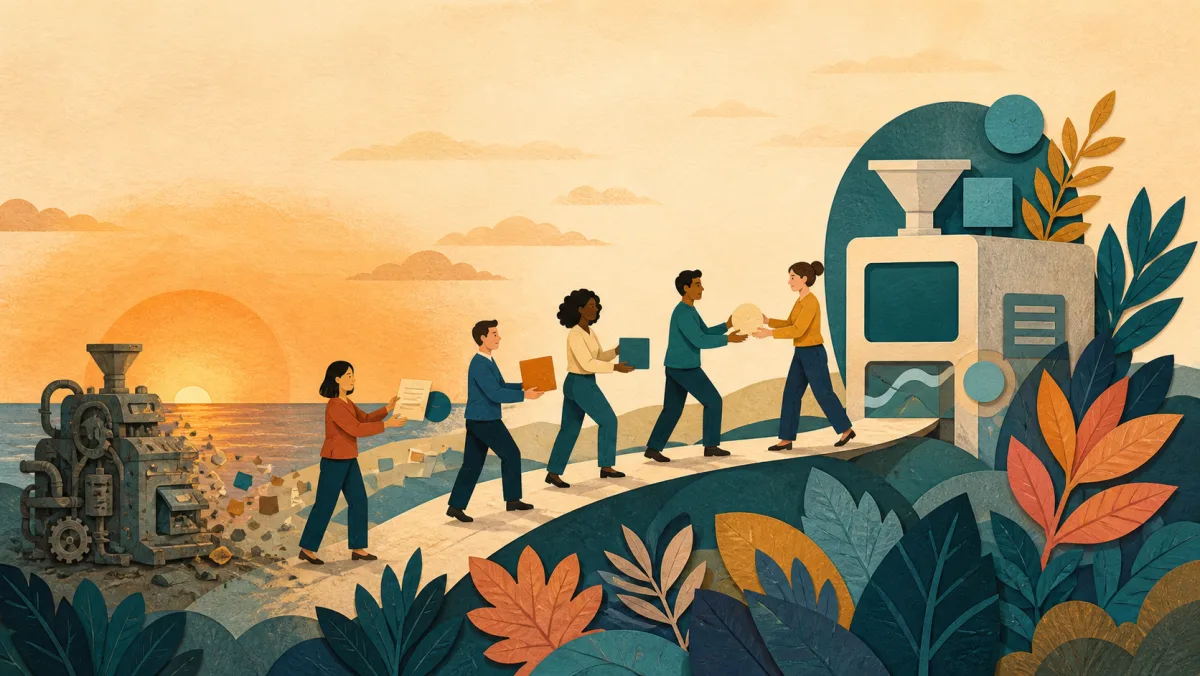 A team moving work through a planned transition from an aging system to its replacement