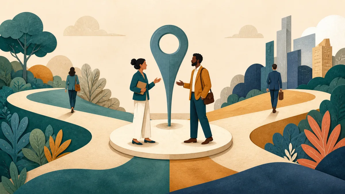 Two colleagues briefly reconnecting at a shared checkpoint before continuing their work