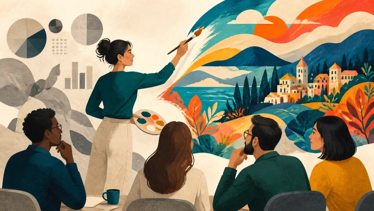 A presenter painting a striking memorable picture from muted abstract information