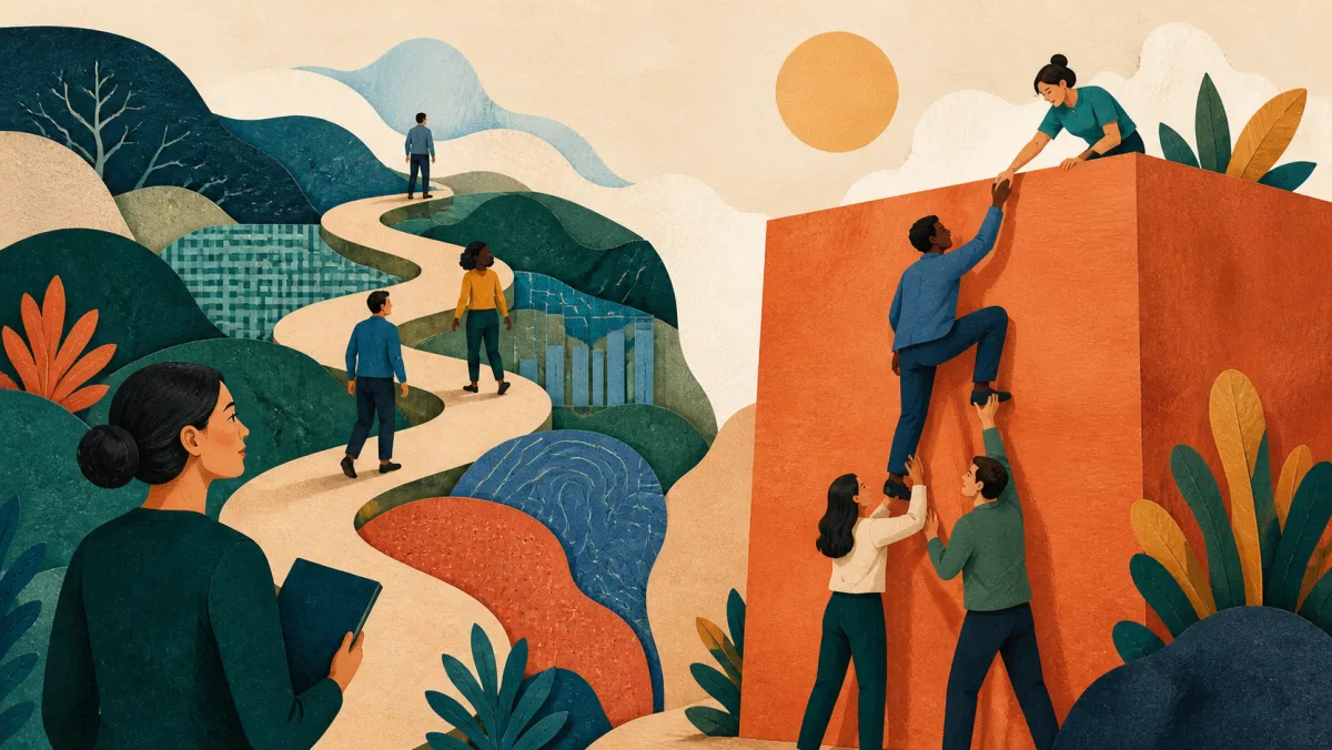 A thoughtful path through layered complexity beside a team successfully clearing one barrier