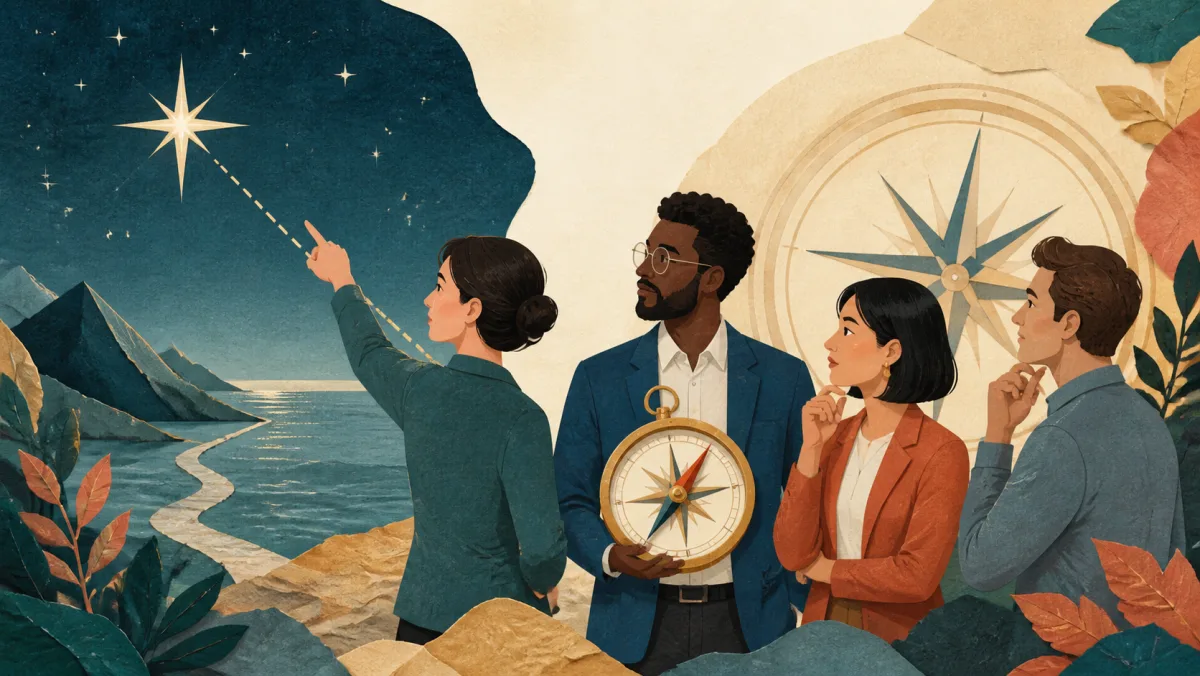Professionals comparing a fixed guiding star with a local orientation compass