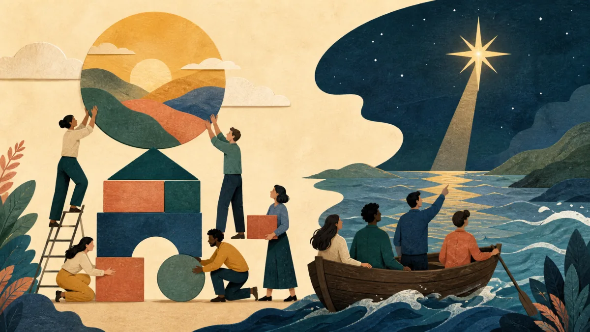 A shared purpose foundation beside a star guiding choices toward a key outcome