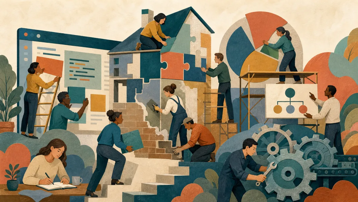 Professionals performing comprehensive structural renovation across several workplace contexts