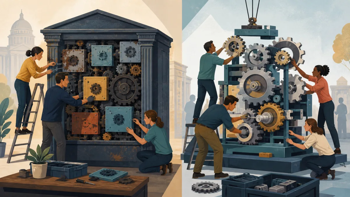 Two teams repair an old civic mechanism, one replacing worn modules and the other rebuilding the full structure