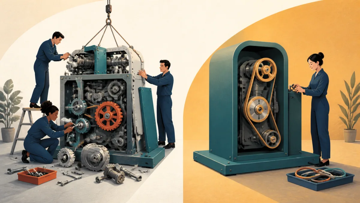A complex machine undergoes structural rebuilding beside a simpler mechanism with redundant loops removed