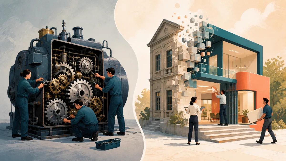 Technicians repair an existing machine beside a building changing into a fundamentally new form