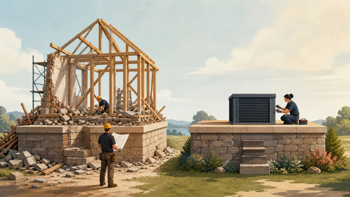 A structure receives a complete rebuild beside an intact foundation receiving one small upgrade