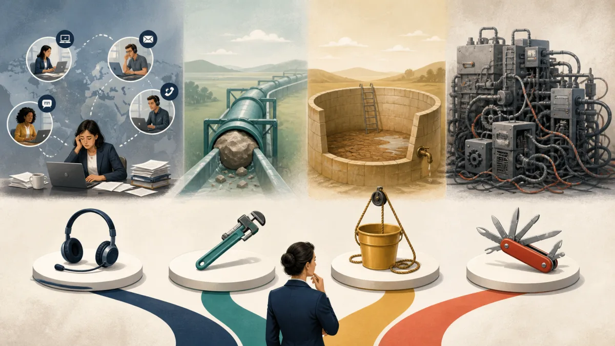 Four distinct workplace problems paired with different physical tools for diagnosis and repair