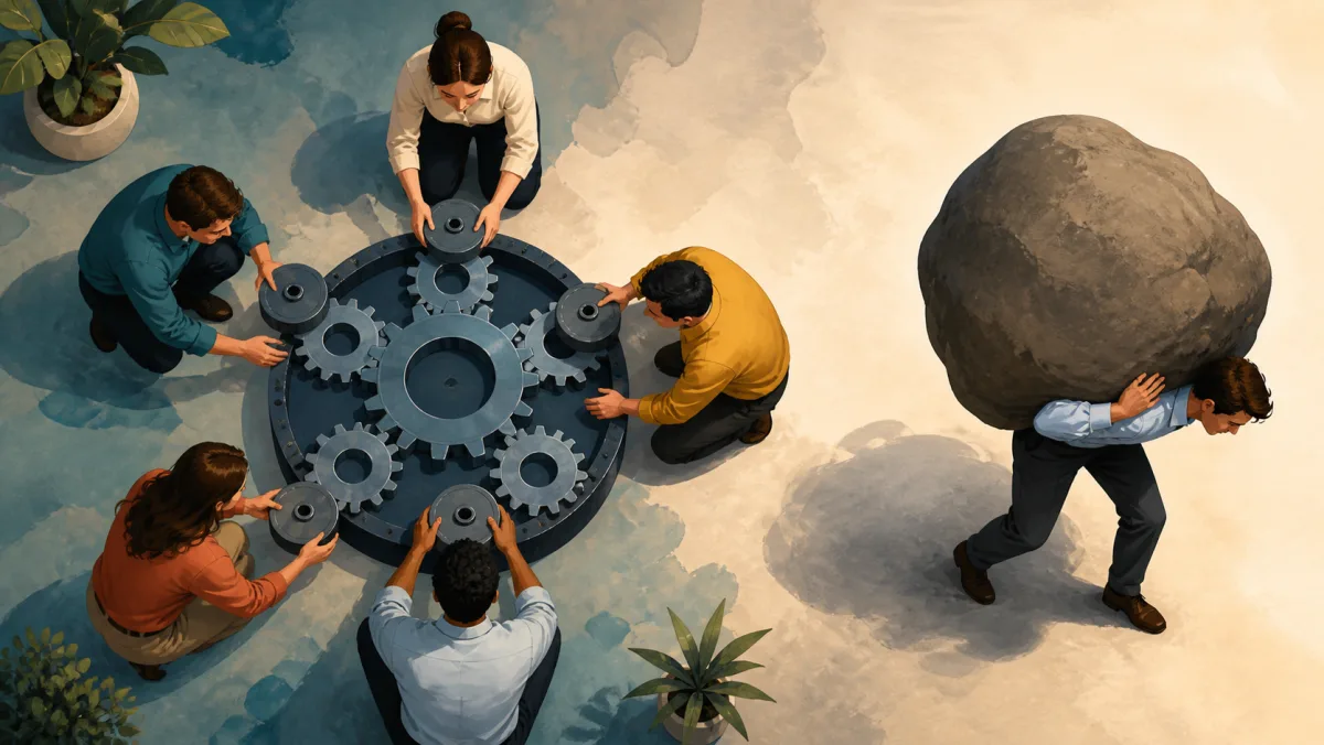 A team shares small support weights while one professional carries a single large personal burden