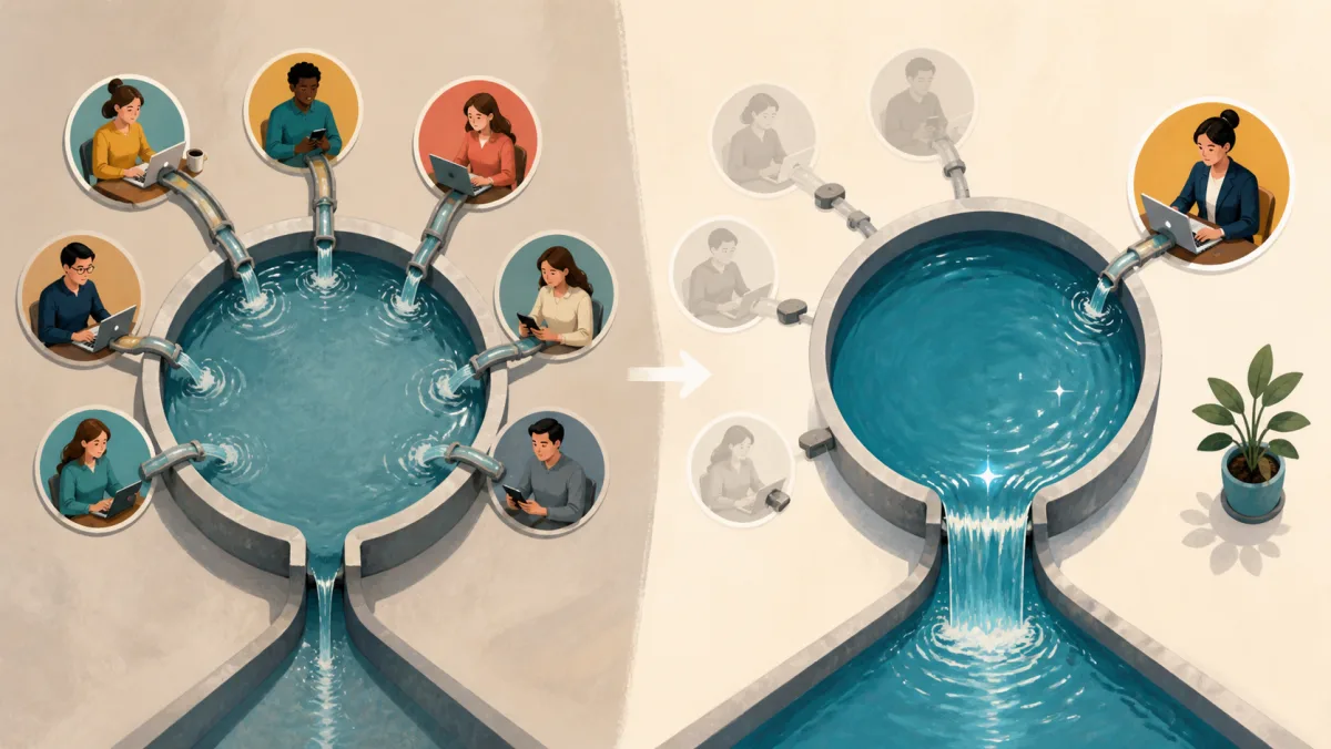 Several support channels consume a work reservoir before one remaining channel reaches core output