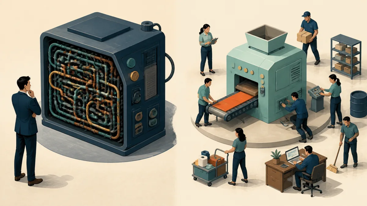 A tangled machine beside a simpler operation requiring many recurring support activities