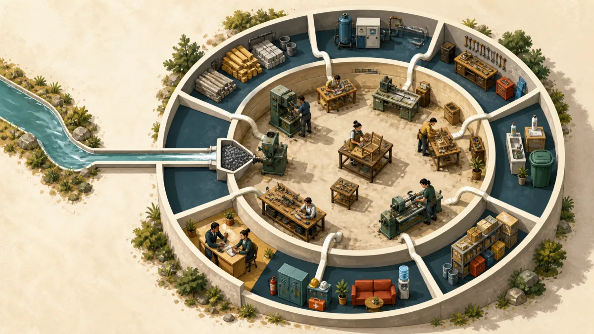 Raw material and shared support resources feed different parts of a circular workshop