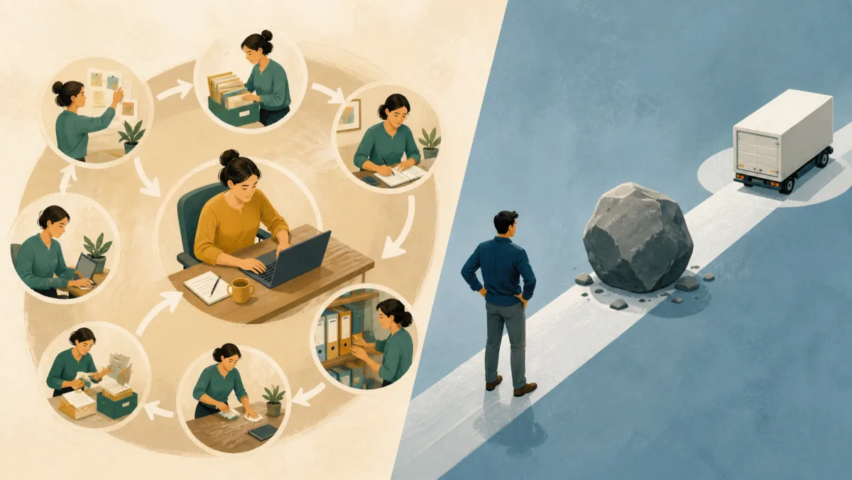 Recurring chores surround one worker while a single boulder temporarily blocks a delivery route