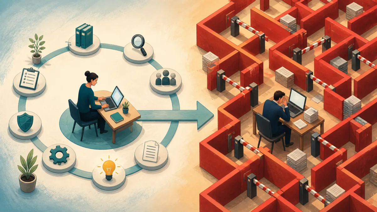 A neutral support loop beside an excessive maze of gates and paperwork