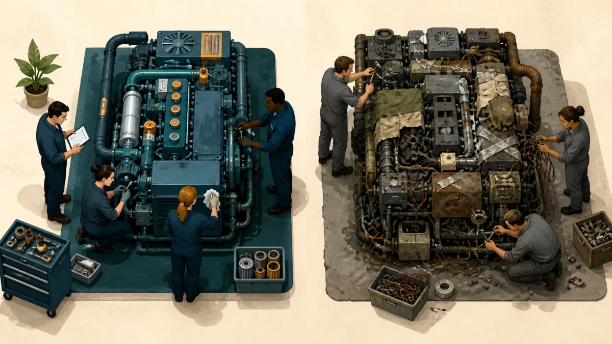 A well-built machine receives planned maintenance beside a fragile system covered in old patches