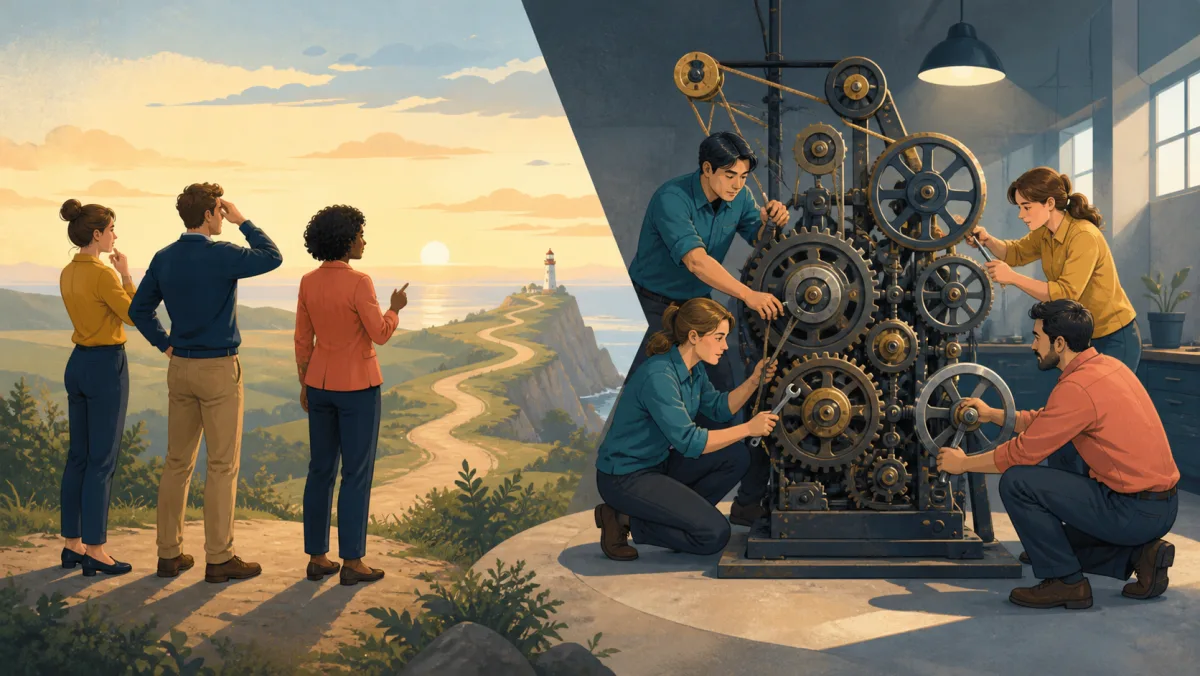 Professionals observe an initiative's distant outcome while another team actively repairs a mechanism