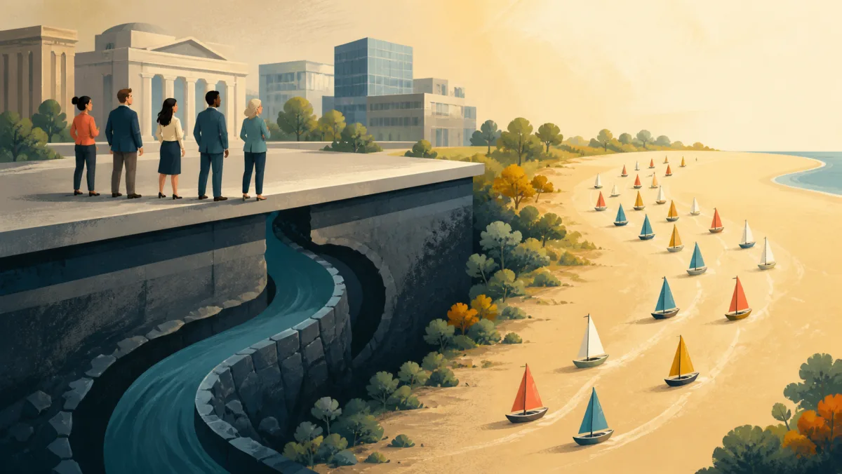 A deep channel changes a system's foundation while many sailboats gradually follow a surface direction
