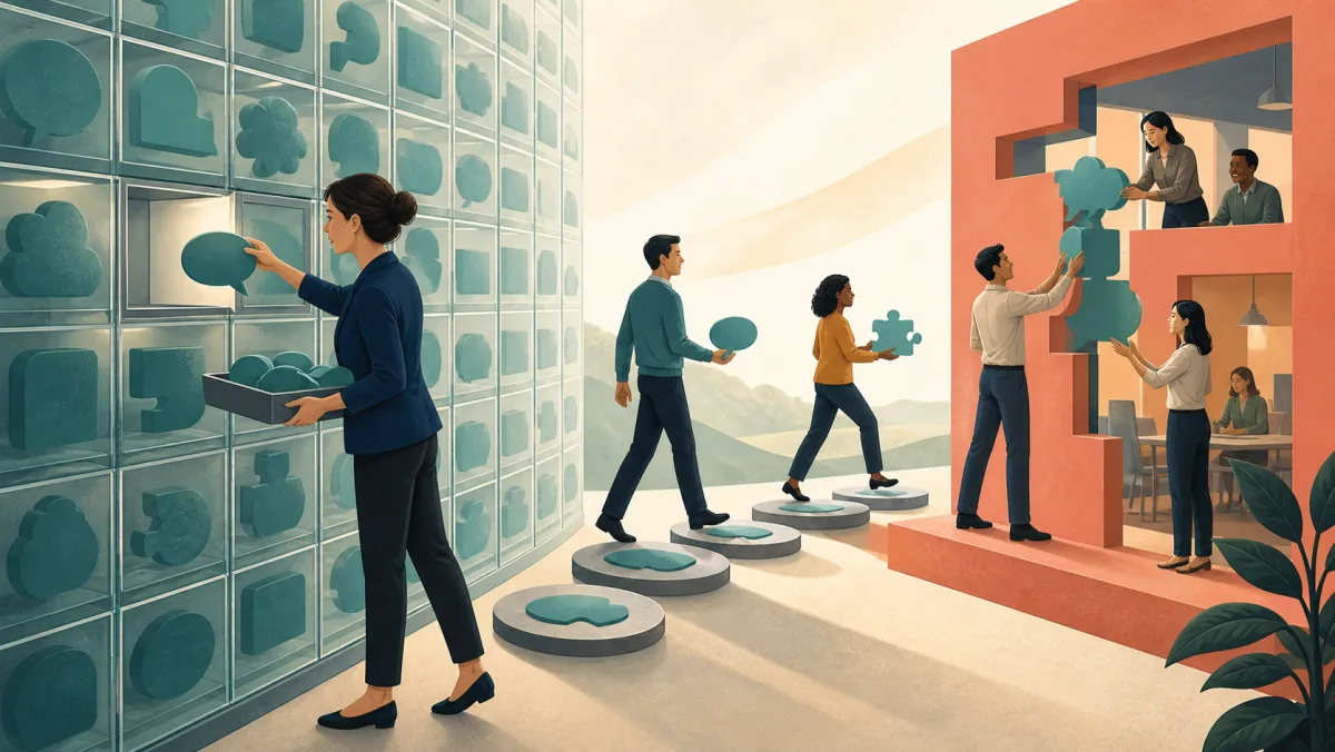 Professionals retrieve familiar shapes from a transparent archive and fit them into a live workplace structure through repeated steps