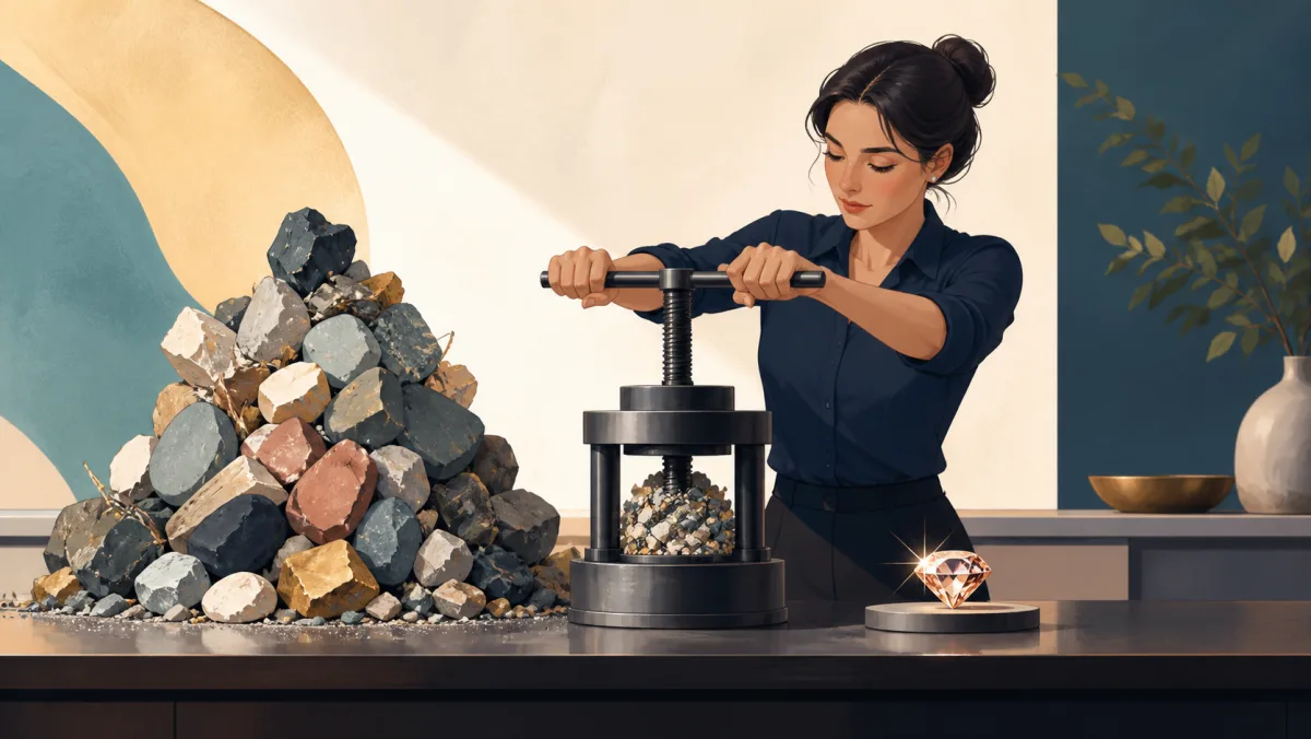 A professional compresses a large pile of rough stones into one polished dense gem