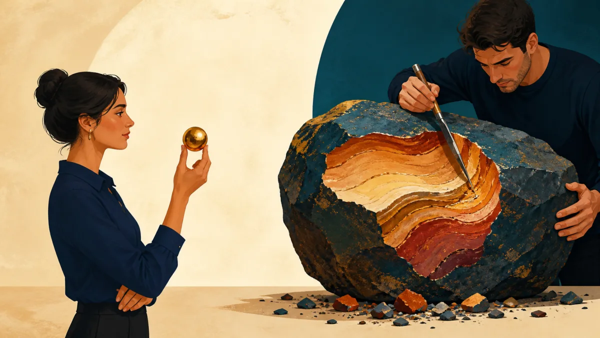 A compact polished sphere beside a tool revealing deep layers inside a large stone