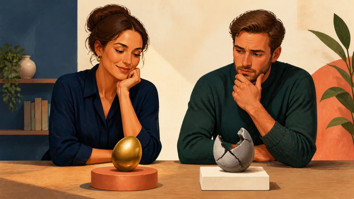 A complete polished object beside a similarly small object with abrupt broken edges