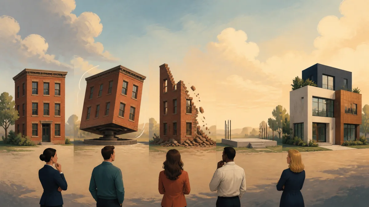 One building is rotated, abandoned, dismantled, restarted, or transformed in five distinct ways