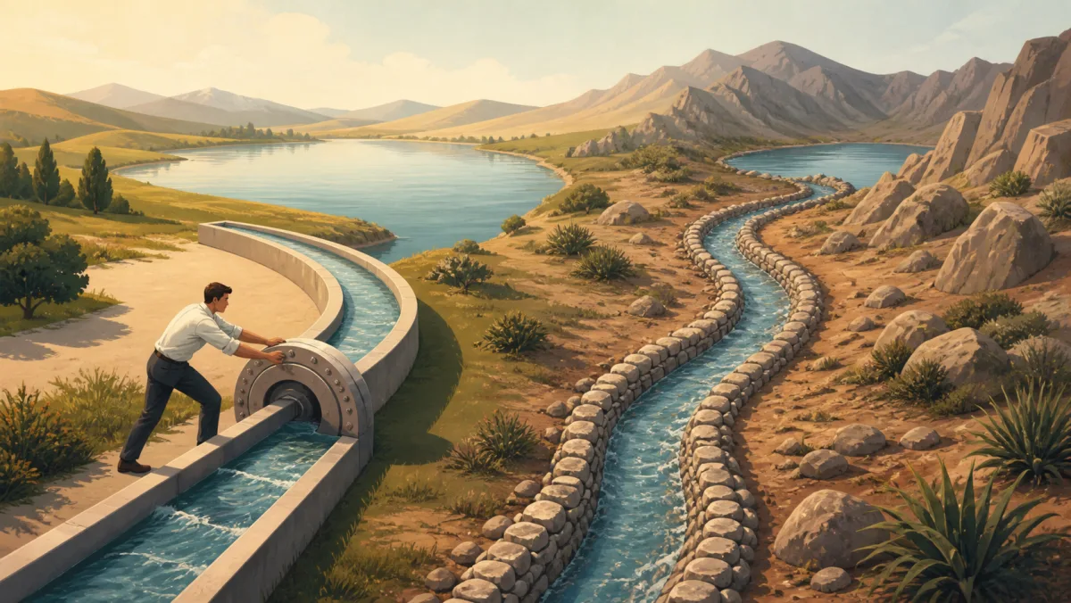 One water channel rotates toward a new basin while another adapts its construction to rough terrain