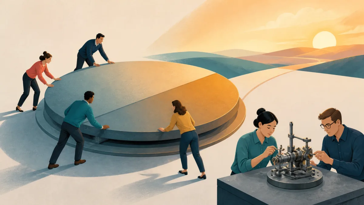 A large platform rotates while technicians make small calibrations to an unchanged mechanism