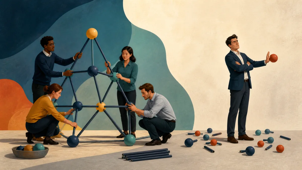 A team assembles a connected structure while one participant persistently rejects loose components