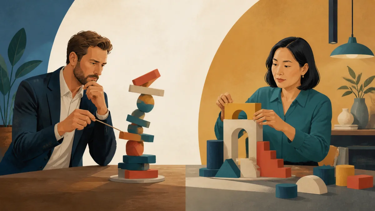 One professional probes a fragile option while another builds a genuinely different structure