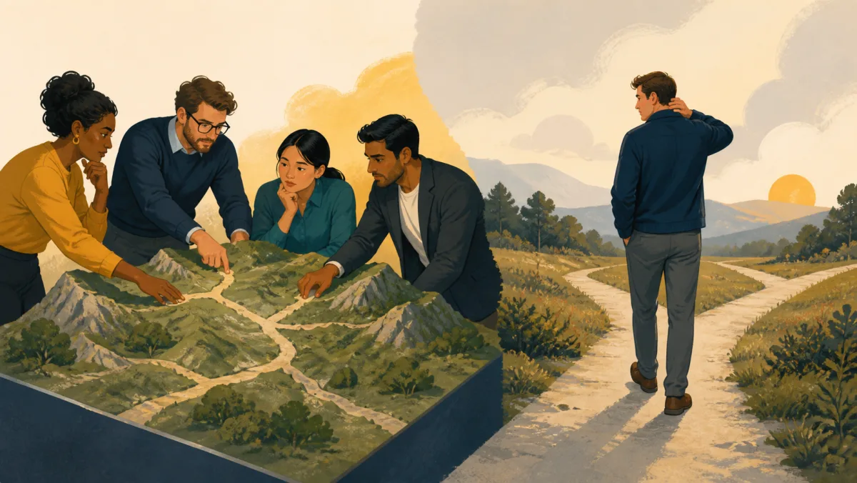 A team tests a route model before acting while one person later doubts a completed fork