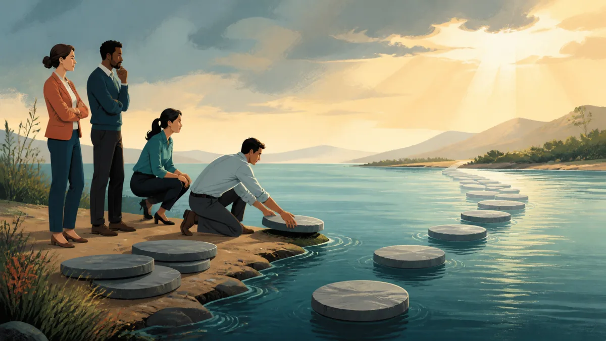 A team waits for conditions before placing the next optional stepping stone