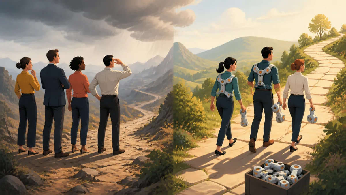 One team observes uncertain terrain while another continues with adaptable equipment and spare components