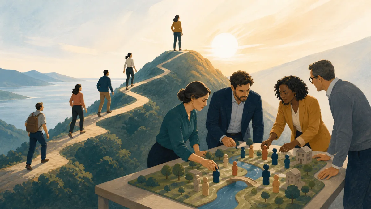 A team models a winding route while people follow its unfolding course toward a distant summit