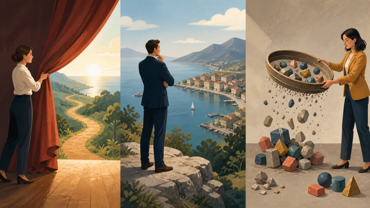 Three scenes reveal an unfolding route, a successful outcome, and useful pieces separated from debris