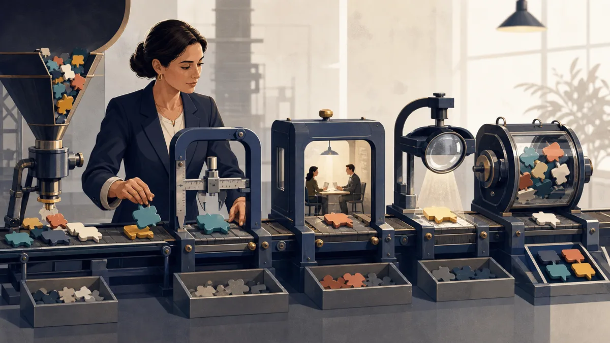 A professional tests phrase pieces for fit, workplace context, feedback, and repeated reuse on a quality-control line