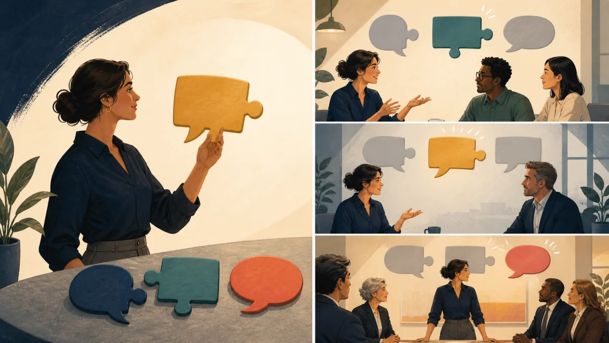 A professional selects different phrase pieces to fit internal, client, and leadership conversations