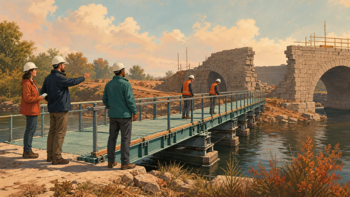 Professionals test a modular bridge while the permanent stone crossing remains unfinished