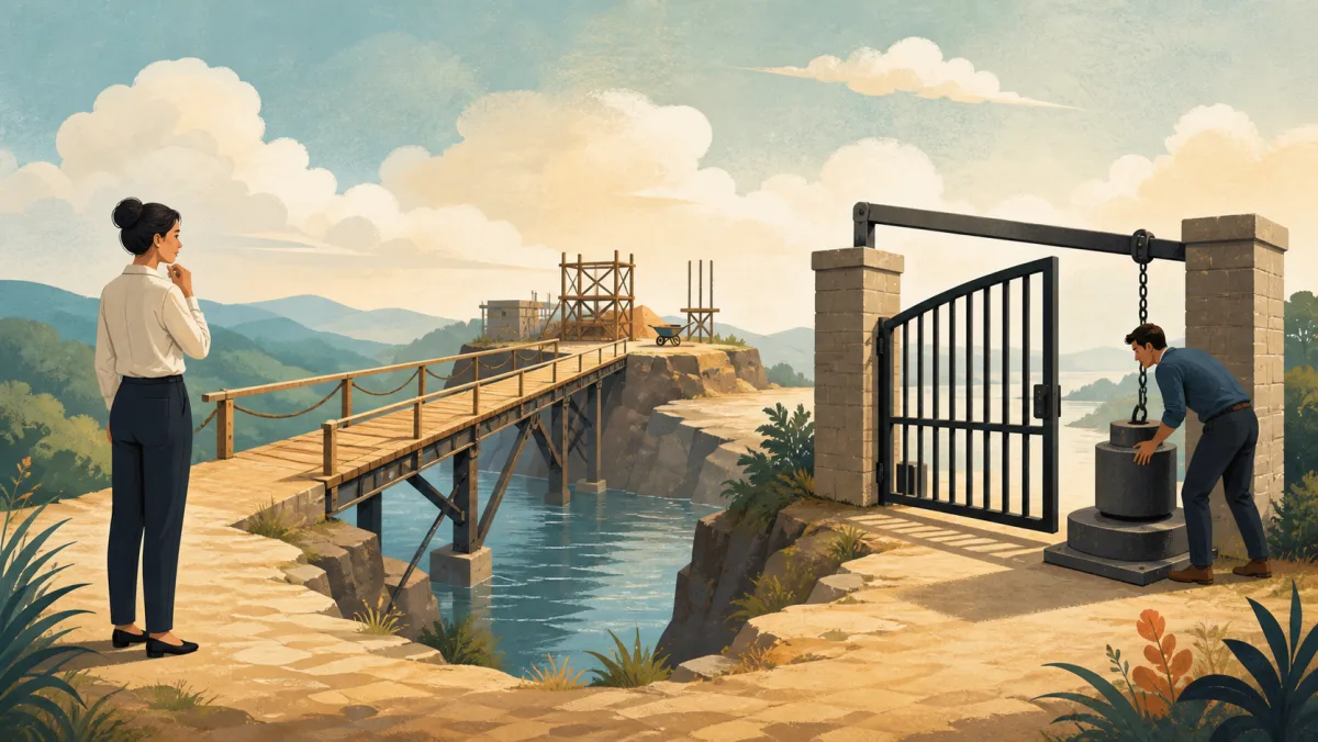 A usable temporary bridge stands beside a closed gate that depends on a condition