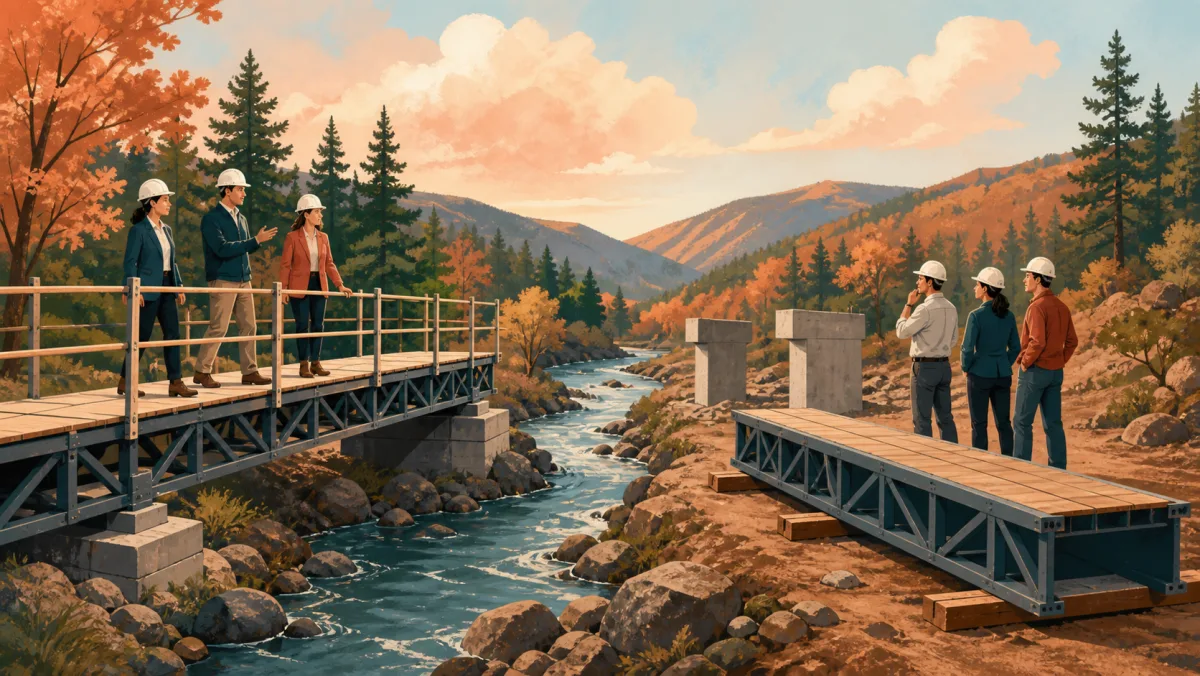 One team uses an installed modular bridge while another waits beside an uninstalled span