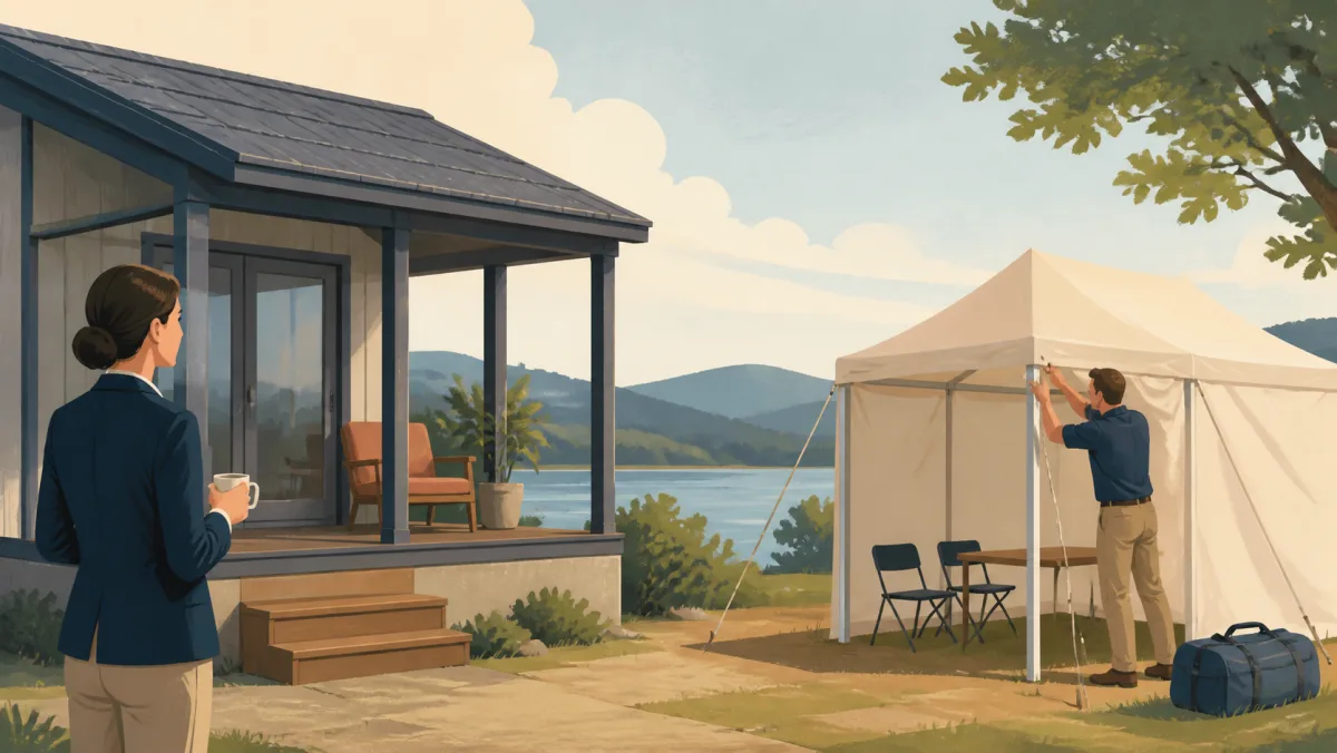 A professional compares a stable small building with a tent designed for short-term use