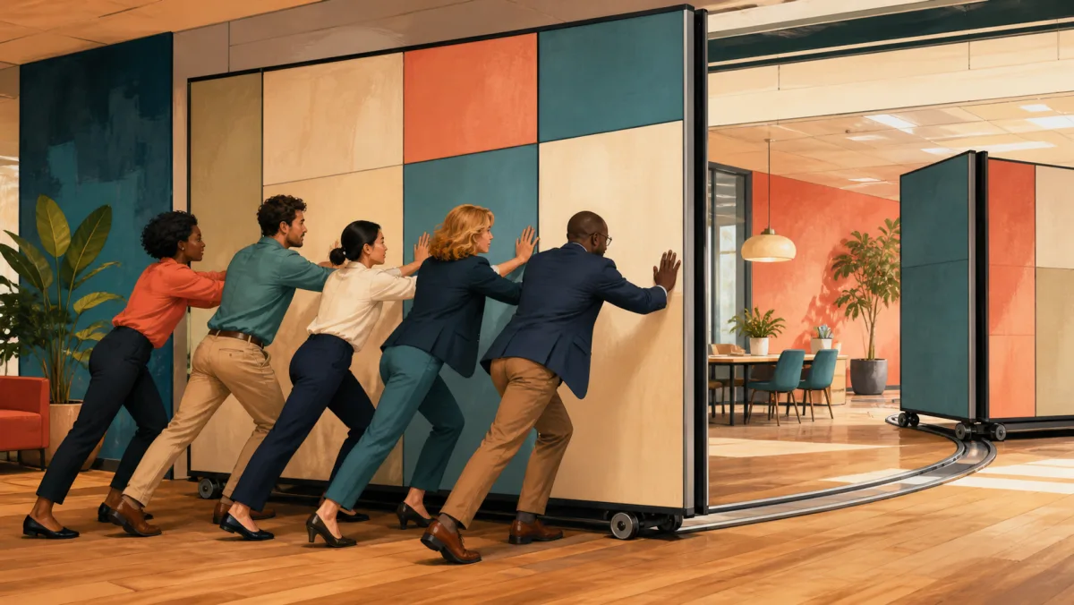 A professional team applies controlled resistance to redirect a movable workplace wall