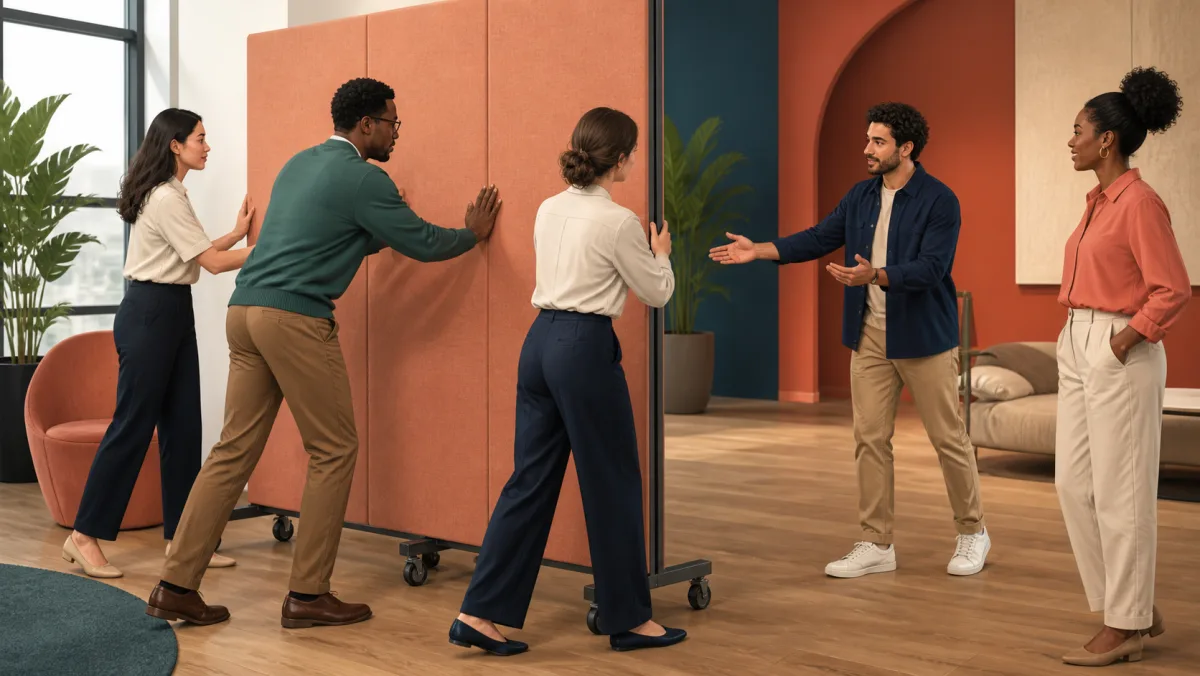 Colleagues calmly redirect a movable partition through cooperative discussion
