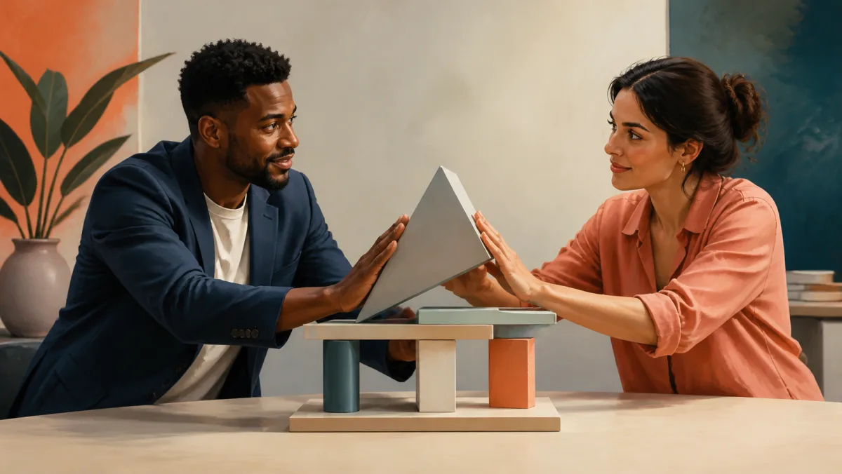 Two colleagues respectfully test one unstable piece of a shared tabletop structure