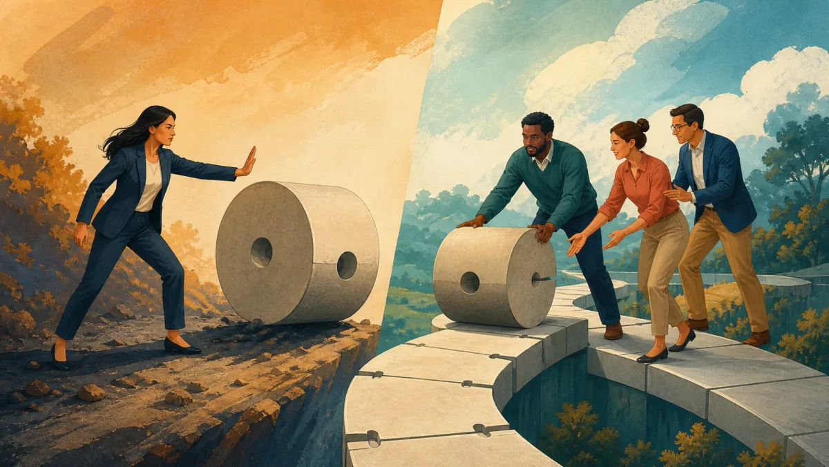 One professional stops a rolling module while a team builds a complete alternative route
