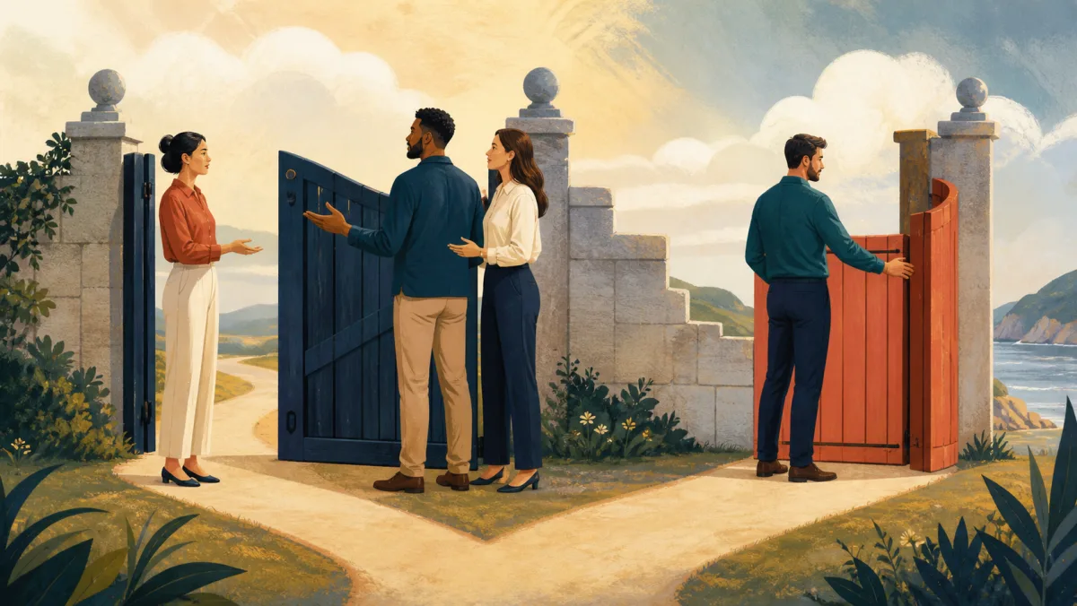 Colleagues negotiate beside an open gate while another professional closes a separate option